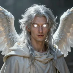 portrait of goofy, white glowing eyes, silver shaggy hair, cloak, ethereal wings, male, fantasy, extremely detailed, digital painting, artstation, concept art, smooth, sharp focus, illustration, stunning lighting, art by artgerm and alphonse mucha and simon stalenhag, realistic character concept, high fantasy, light atmosphere, golden ratio, cinematic lighting, hyperdetailed, high resolution, insanely detailed and intricate, marc simonetti, greg rutkowski, 8 k