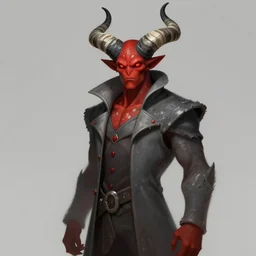 a league of legends concept art of a tall male adult with large imp horns on a head in tattered slate - gray collared coat with red buttons, crimson skin with white blotches, black and white curved striped horns, red eyes, yellow sclera, art by cushart krentz and greg rutkowski, fantasy style, empty background, illustration, octane render, commission art