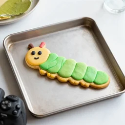 gingerbread cookie shaped like a caterpillar on a baking pan, dslr, photography