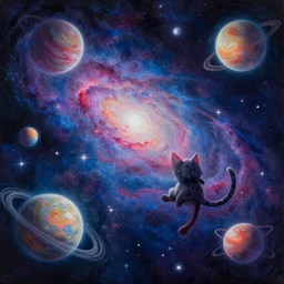 space cat as nebula with planets, acrilic paint, heavenly atmosphere, ink paint, ultra detailed, by popular digital artist, beautiful image, resolution, artstation