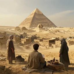 windswept vista overlooking a distant egyptian shantytown pyramid. jasmin habezai - fekri, anton fadeev, tony zhou shuo, greg rutkowski, unreal engine 5