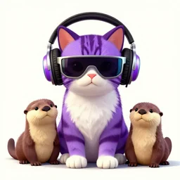 GTA V still of a purple and white tabby kitten wearing futuristic headphones and cyberpunk shades with 2 otters beside, stylized, 4K, clean