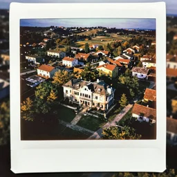 instax polaroid film photo of thousands of the branson missouri indian ridge abandoned mansion neighborhood aerial shot, nostalgia, faded glow, expired film analog photography, saturated pointillism