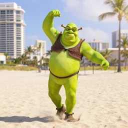 Shrek in a bikini doing a belly dance on Miami Beach