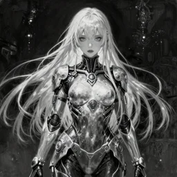 By Tom Bagshaw, ultra realist soft painting of an attractive cyberpunk anime female fully body armored with thin lustrous long hair floating, photorealistic eyes render looking at camera, curiosities carnival, symmetry accurate features, very intricate details, focus, dark fantasy background black and white