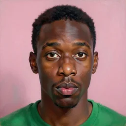 portrait of a black man who stares intently, very thoughtful, yet playful, sugary, highly detailed oil painting, by francis bacon, edward hopper, adrian ghenie, glenn brown, soft light 4 k, pink and green colour palette, cinematic composition, cinematic lighting, high quality octane render, masterpiece