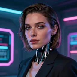 cinematography closeup portrait of a cyborg business woman in a cyberpunk apartment, neon lighting, night, by Emmanuel Lubezki