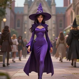 Young petite beautiful woman in slim purple witch robes and pointy hat at a crowded magical university, full body shot unreal engine hyperreallistic render 8k character masterpiece digital art, cell shader shading, trending on Artstation, CGSociety