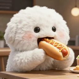 giant fluff ball eating a hotdog