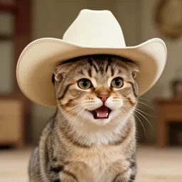 film still of the happy kitten wearing a cowboy hat in the 1 9 6 0 s french comedy movie the cats won the west, 4 k