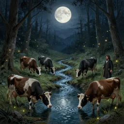 a beautiful digital illustration painting of a detailed gothic fantasy secret calm creek babbling brooke cows drinking moon in sky fireflies, by benoit b. mandelbrot, steven belledin, martin johnson heade, lee madgwick, caspar david friedrich, and david rios ferreira. 8 k resolution trending on artstation concept art digital illustration