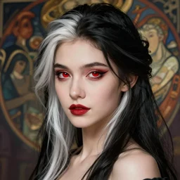 Portrait of a pretty half-elf half-vampire young woman. Her hair has black strands and white strands. Red irises and vertical pupils. Art by Greg Rutkowski and Alphonse Mucha