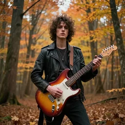 stunning person half human half guitar, greg rutkoswki, maple forest backdrop, uncanny, trending on artstation, 4 k