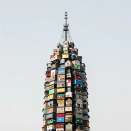 huge towers made up of colourful stacked squatter shacks and makeshift shelters, suspension, mamiya, uniform plain sky, fine details, minimalist, photographed by frans lanting