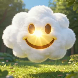 fantastical fun vibrant smiley face shaped cloud with holes for eyes and mouth, in a nature scene by marc adamus, high definition, sunlight bursting out from within the smiley face, cheerful, bouncing, stunning, silly