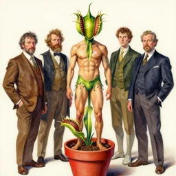 Ripped Physique Portrait of a Venus Flytrap Guy wearing a Venus Flytrap costume plant disguised as a human standing atop a red clay pot greg rutkowski anna podedworna arthur rackham salvador dali octavio ocampo jacek yerka winslow homer norman rockwell inio asano prismacolor tombow quill