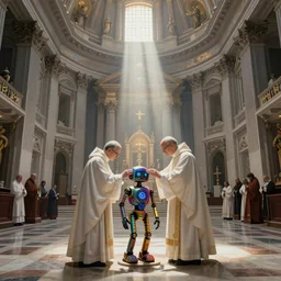 a priest baptizing a of psychedelic robot in a vatican church wide - angle. holy light. painting. desaturated