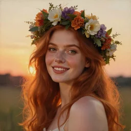 Fine art photo of the most beautiful woman, she is redhead, she is posing while maintain a sweet eye contact to the camera, she has a crown of flowers, she has perfect white teeths, she is getting ulluminated by the rays of the sunset, the photo was taking by Annie Leibovitz, matte painting, oil painting, naturalism, 4k, 8k