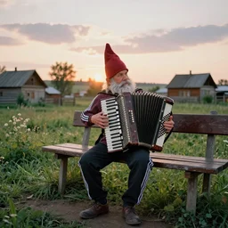 a gopnick gnome in Adidas sport suit, playing accordeon on a bench in russian village on the sunset in summer, hyperdetailed hasselblad HDR photo
