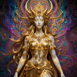 psychedelic warrior goddess made of golden marble, beautiful face, hyper detailed, flowing psychedelic background intricate and detailed, ornate 8 k gorgeous intricate detailed, octane render, front view
