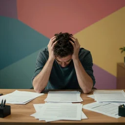 writer struggling, embracing head in own hands, wide shot, front view, papers on table, colorful, cinematic composition