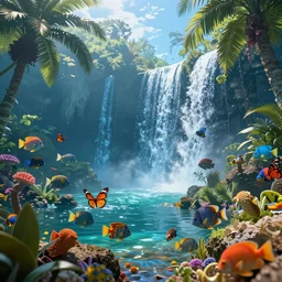 bordeaux under water immerged in a paradisiac lagoon full of tropical fish, butterflies, palms and surrounded by riverfalls, global illumination lighting artstation, lois van baarle, ilya kuvshinov, rossdraws