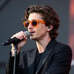Timothee Chalamet singing on stage, portait photo, profile picture, hyperrealistic, concept art, orange sunglasses, day time, octane render, unreal engine 5, digital art, high quality, highly detailed, 8K, cute, defined face, elegant clothes, trending on DeviantArt