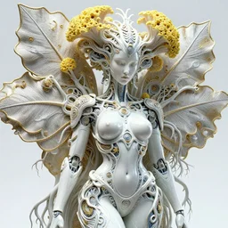 intricate hyper detailed ultra sharp 3 d render of a beautiful smooth porcelain seductive cyborg woman portrait, medium shot portrait, bright light, alexandre ferra mecha, deeply cyberpunk art nouveau haute couture huge fractal white silver gold mycelum and yellow pore fungi head ornaments, big embroidered leaves filigree spreaded roots, octane render, volumetric cinematic lighting, 8 k, vray tracing