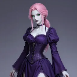 full portrait of beautiful necromancer, gloomy purple dress, corset, face details, pink hair, ponytail, white skin, green eyes, posing, high fantasy, highly detailed, sharp focus, smooth, digital illustration, by kurogin