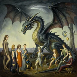 an ultrawide angle lens shot alien dragon, surreal illustration by jerico santander, heidi taillefer, joshua levin, mark ryden, giorgio de chirico, alexandra gallagher, michael cheval, yves tanguy, lauren marx, jake messing, hannah yata, caitlin hacket. decentralized composition. visionary fineart painting