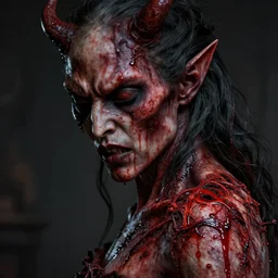 evil demoniac face and shoulder, blood, intricate, creepy, processing, 8 k, very high resolution, extremely hyperdetailed