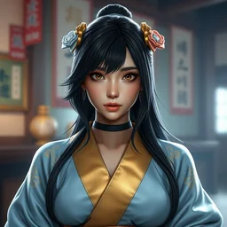 tifa lockhart portrait, pale blue and gold kimono, art by artgerm, wlop, loish, ilya kuvshinov, 8 k realistic, hyperdetailed, beautiful lighting, detailed background, depth of field, symmetrical face, frostbite 3 engine, cryengine