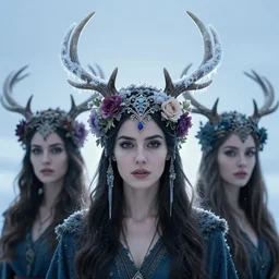 beautiful female character inspired by iceland and floral headdress angela sarafyan pagan wiccan viking antlers headdress icicles full face | | digital artwork made by greg rutswork, anna dittmann and lois van barlee, symmetrical rim light, anatomically correct