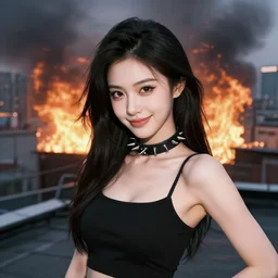 tracer, standing on rooftop, wearing spiked choker, 4 k, detailed, smiling at camera, detailed eyes, confident stance, detailed face, feminine face, burning exploding city in background