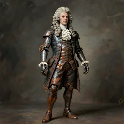 rusted cyborg vampire french aristocrat, powdered wig, gears, prosthetics, portrait, full body
