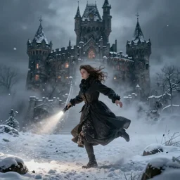 woman running from Evil castle, in the snow, scary, foggy, flashlight, portrait, inspired by Evgeny Lushpin,George, greg rutkowski winter,nighttime,cinematic,art station
