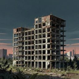 a beautiful detailed illustration of city nature port industrial architecture building urbex abandoned unfinished building architecture by alvar aalto, at night wilderness retrowave, archdaily, wallpaper, highly detailed, trending on artstation.