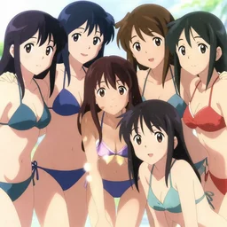 close - up princesses posing together in bikini. by takashi takeuchi, yoshiyuki sadamoto, amagaitaro, makoto shinkai, krenz cushart, asao urata, pixiv