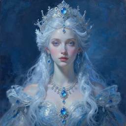 full - body - portrait of one beautiful stunning peaceful majestic ice queen wearing intricate jewelry, oil on canvas, baroque style, perfect symmetrical face, mood lighting, ornate and elegant, winter, philosophical, dreamlike, painterly, 🌚, digital art, detailed, trending on artstation