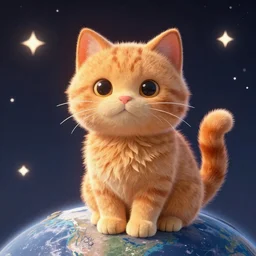 A fuzzy orange cat sitting on planet earth, space with stars in the background, trending on artstation, 3D animation, extra detailed