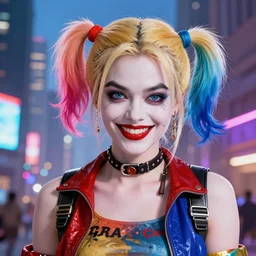 Harley Quinn in cyberpunk clothes, smiling, closeup shot, city background, vibrant colors, 4k, artstation, artstationHD, digital art