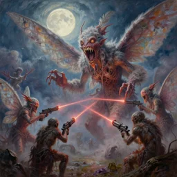 concept art of giant mutant fairy attack, lots of teeth, melting horror, fluffy feathers, round moon, rich clouds, fighting the horrors of the unknown with laser guns, high resolution, very detailed, colorful, roaring, volumetric light, mist, grim, fine art, decaying, textured oil over canvas, epic fantasy art, very colorful, ornate