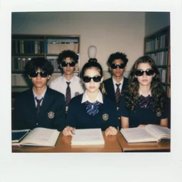 vaporwave, grainy portrait polaroid film photograph of a schoolbook where everyone is wearing sunglasses and super serious. one of them is a mannequin. super resolution. extremely detailed. polaroid 6 0 0 film. by annie leibovitz and richard avedon