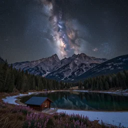 a beautiful double exposure of a deep field astrophotography image by hubble in the sky, and a night time landscape with towering mountains, forests and a still lake with reflections, small wooden cabin in foreground, snow, lpoty, award winning, apod, low noise, detailed, sharp, elevated point of view