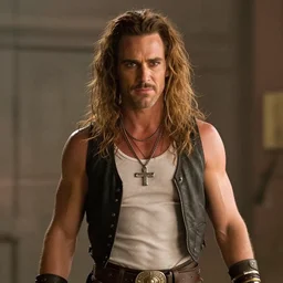 cinematic still of kirk lazarus character in tropic thunder movie