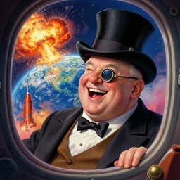A psychedelic portrait of very obese laughing and fat jeff bezos with monocle and tophat looking out from rocket window while earth explodes in background , vibrant color scheme, highly detailed, in the style of romanticism, cinematic, artstation, Moebius, Greg rutkowski