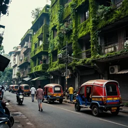 streets of mumbai, 2 0 7 0, cyberpunk, mossy buildings, high fidelity, uncompressed png, indian caravans