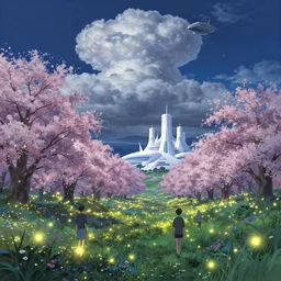 a giant sakura forest with fireflies an luminescent wild flowers and futuristic white temples at night and lots of cummulonimbus clouds and a spaceship by makoto shinkai, by moebius!, by oliver vernon, by joseph moncada, by damon soule, by manabu ikeda, by kyle hotz, by dan mumford, by kilian eng