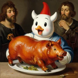 a painting of the jolibee mascot eating lechon, by botticelli and rubens