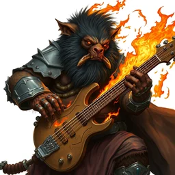 bugbear playing flaming ibanez bass guitar, black beard, class hunter, d & d, dungeons and dragons, ornate jeweled steel armour,, male, strong outline, flat colour, cell shaded,, character design on white background, painted by norman rockwell, tom bagshaw, mucha, gaston bussiere, craig mullins, j. c. leyendecker 8 k